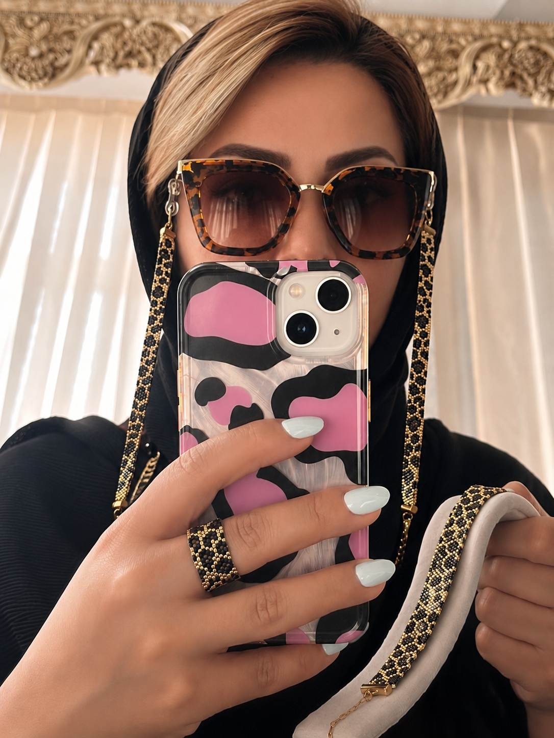 بند عینک میوکی طرح پلنگی با ست دستبند